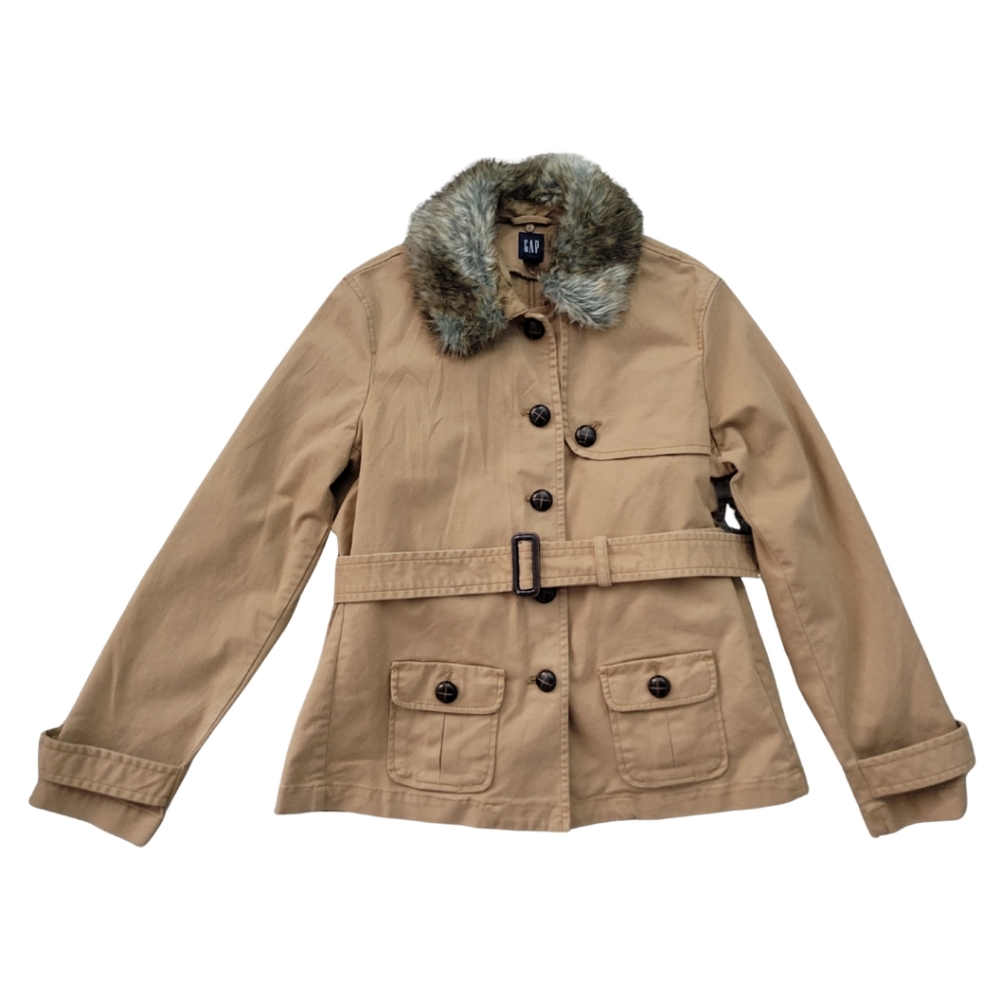 Vintage GAP Penny Lane Jacket Womens L Brown Tan Faux Fur Y2K Old Money Preppy